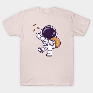 Cute Astronaut Bring Money Bag With Gold Coin Cartoon T-Shirt